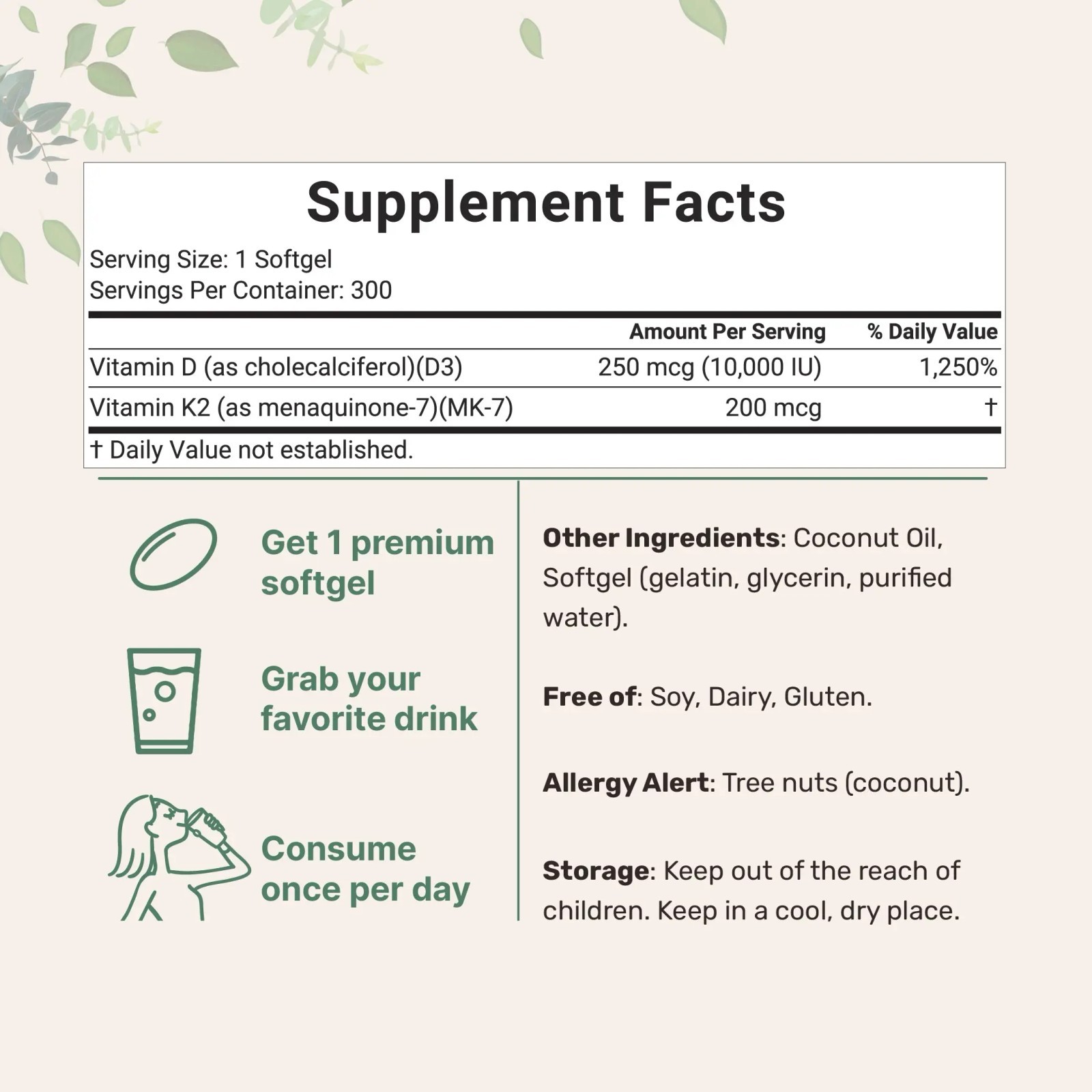 Micro Ingredients Vitamin D3 K2 Coconut oil 300 Softgels Dietary Supplement