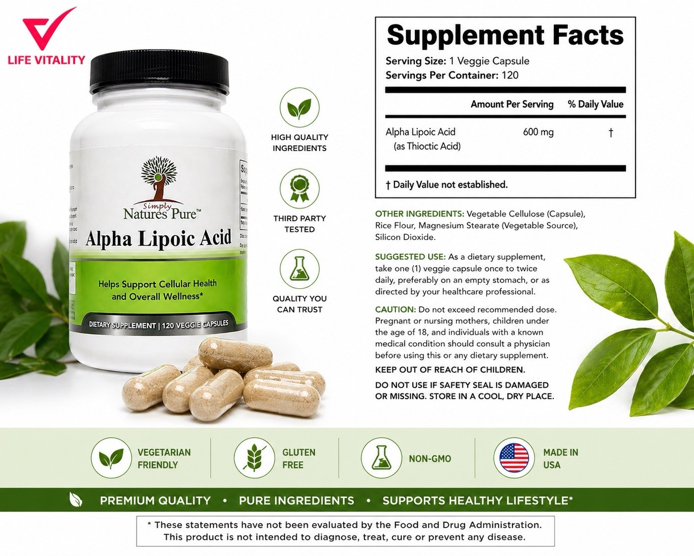 Simply Natures Pure Alpha Lipoic Acid 600Mg 120 Veggie Caps✅TWO PACK