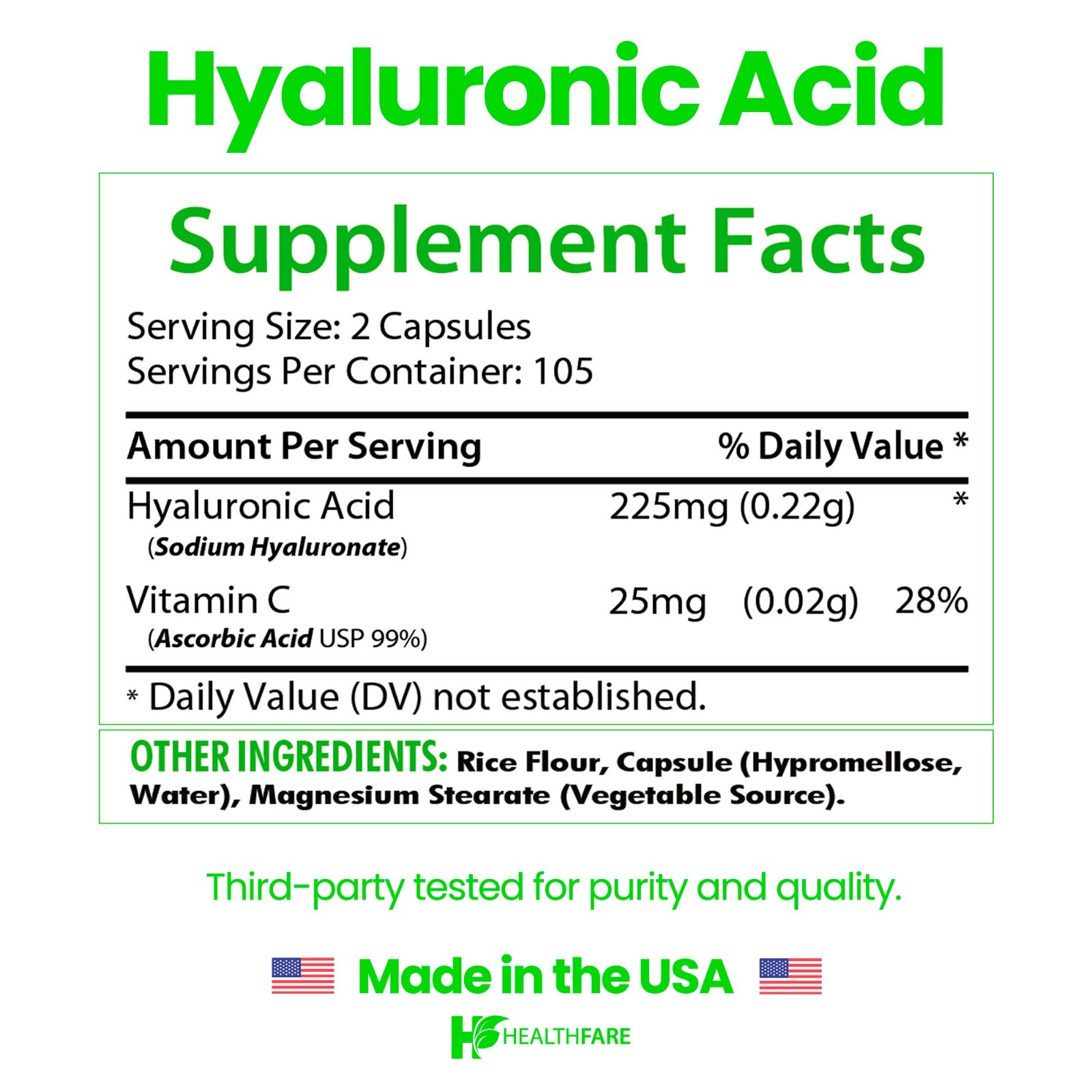 Hyaluronic Acid 250mg 210 Capsules 25mg of Vitamin C For Joint and Skin Health