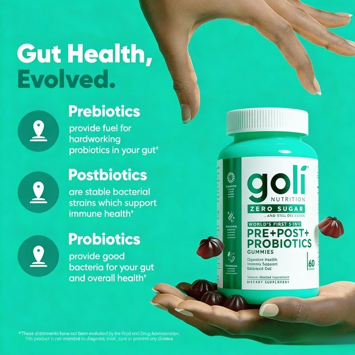 Complete Microbiome Support.Zero Sugar 3-in-1 Pre Pro Postbiotic Gummies by Goli