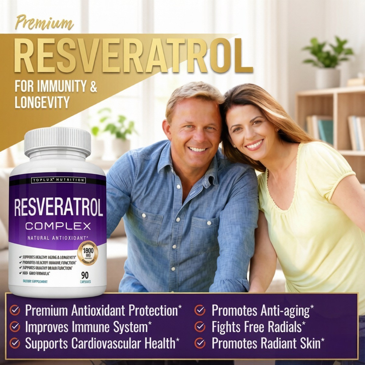 Toplux 1800mg Resveratrol Complex Antioxidant Anti-Aging Immune Support 90 Caps