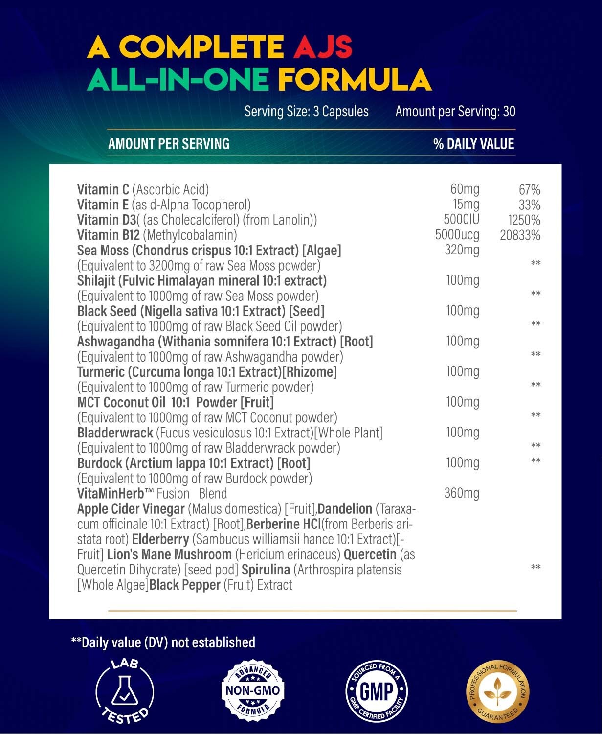 AJS 20 All-in-One-Sea Moss, Ashwagandha, Turmeric, Shilajit,Black Seed Oil90CT