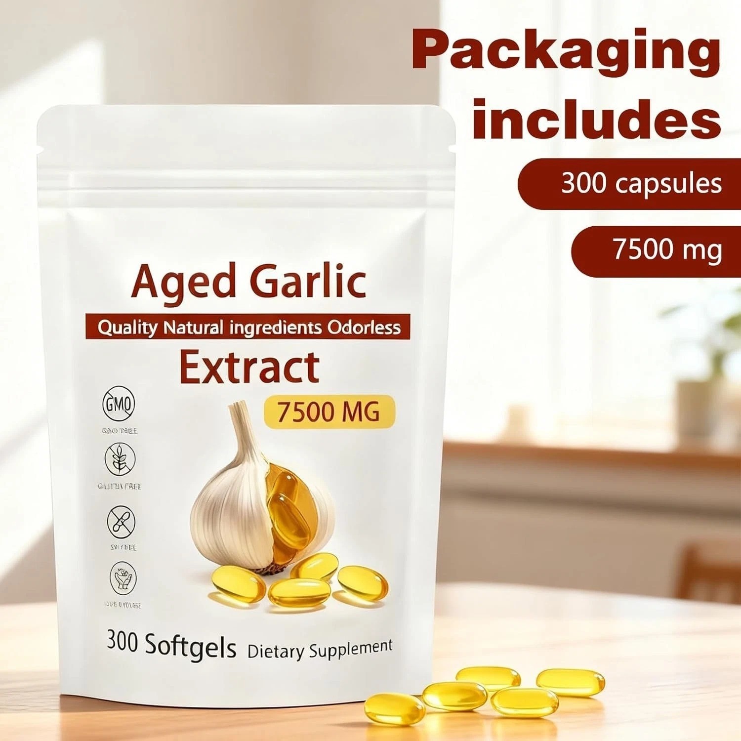 Odorless Garlic 7500mg Per Servings, 300 Softgels | 2 Years Aged Garlic Extra…