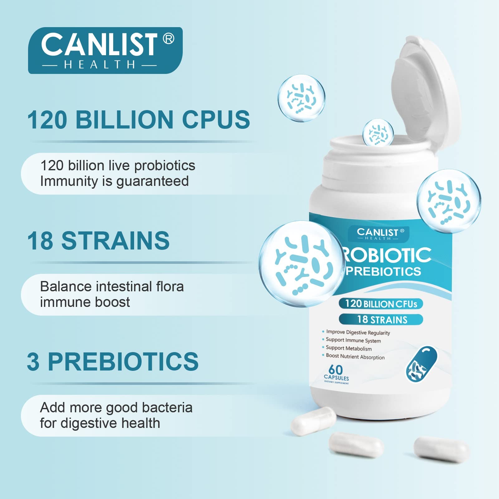 CANLIST Probiotics 120 Billion CFUs 18 Strains, 60 Count (Pack of 1), Blue-1