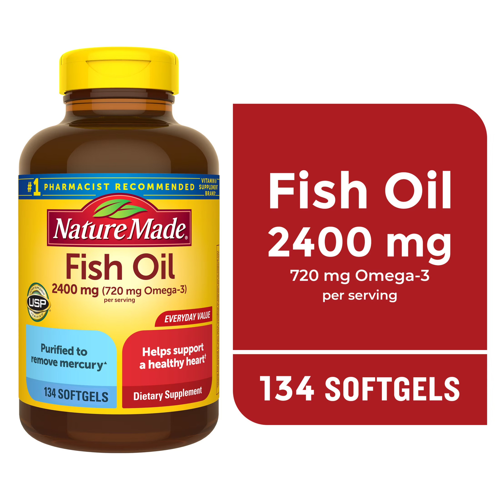 Nature Made Fish Oil 2400mg Omega 3 Softgels Dietary Supplement 134 Count