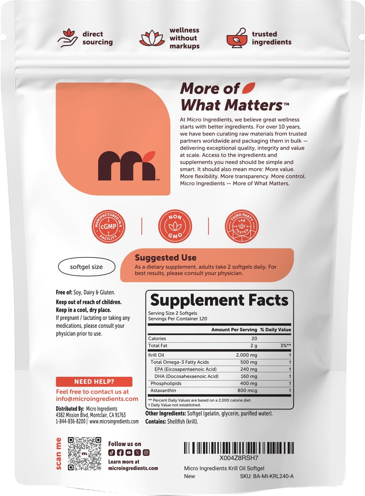 Micro Ingredients Antarctic Krill Oil Supplement 2,000mg Per Serving, 240 Sof…