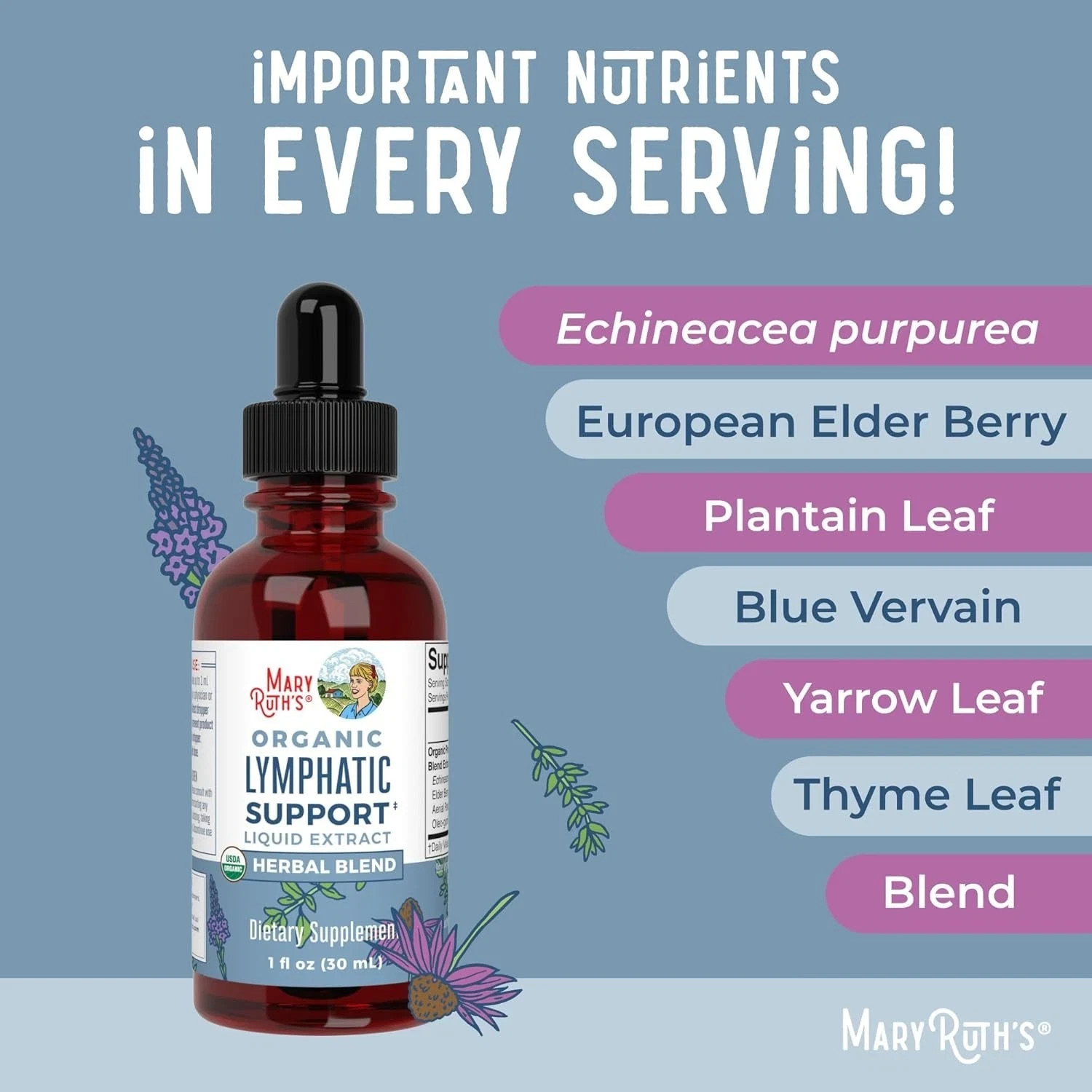 MaryRuth’s Organic Lymphatic Support – Echinacea & Elderberry Drops – Vegan – 30