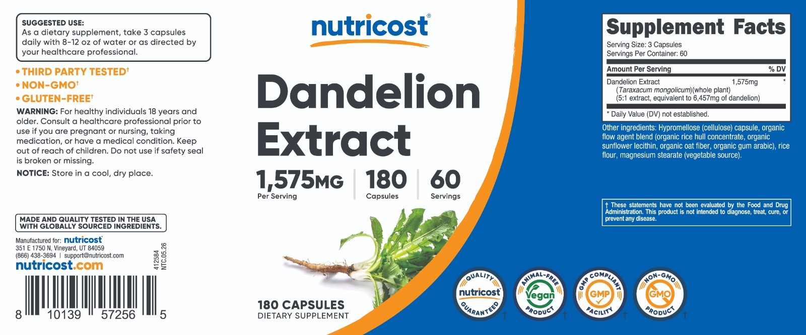 Nutricost Dandelion Root 525mg, 180 Capsules – 1575mg Serving, Non-GMO