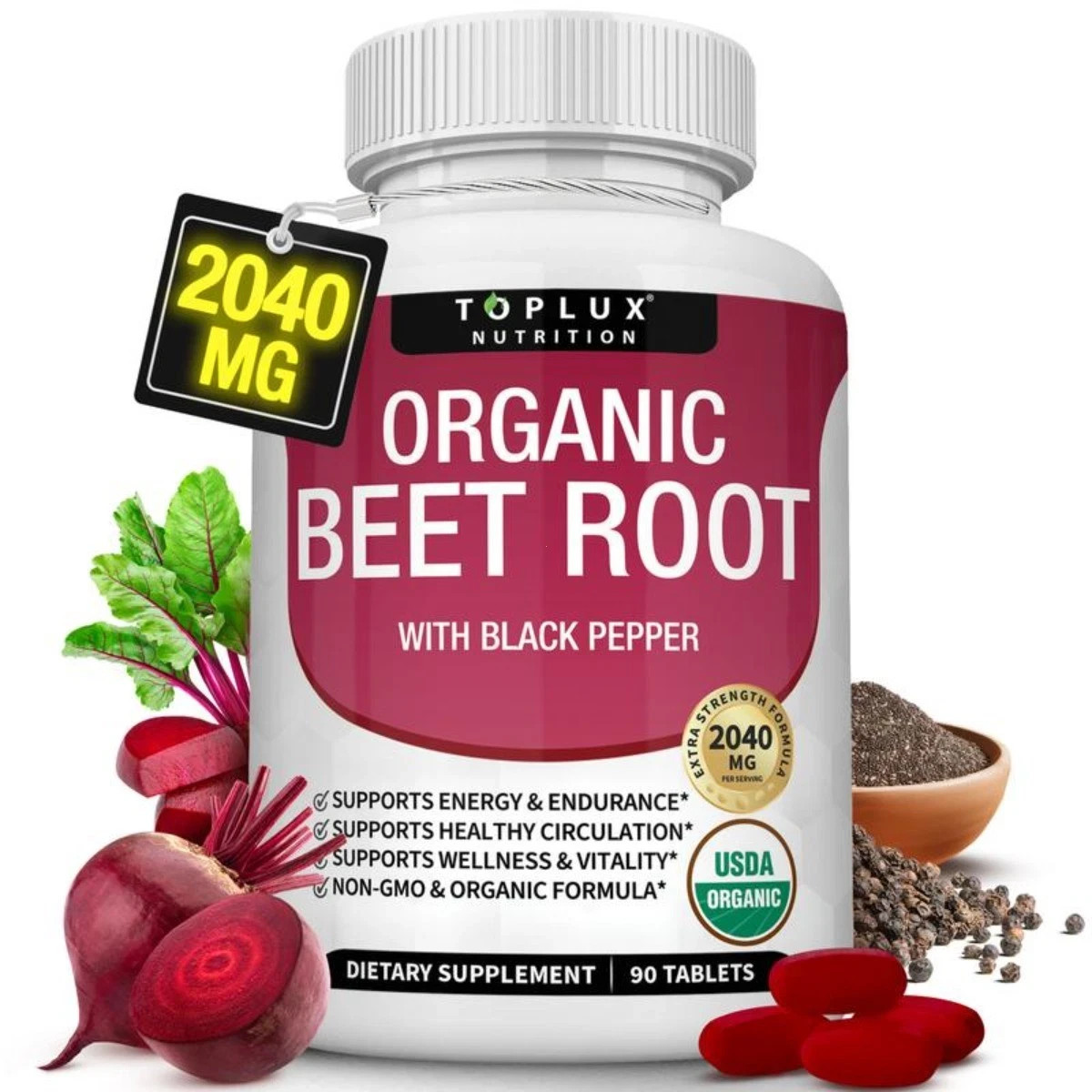 Toplux Organic Beet Root 2040mg, Nitric Oxide Boost Supplement Tablets