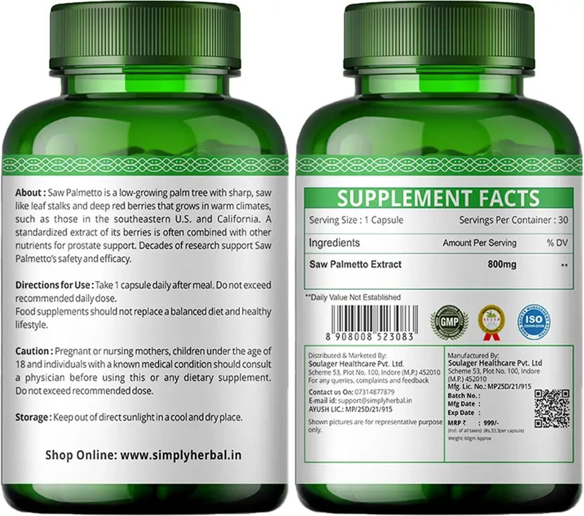 Simply Herbal Saw Palmetto Capsules for Hair Growth, Prostate Health & Hair