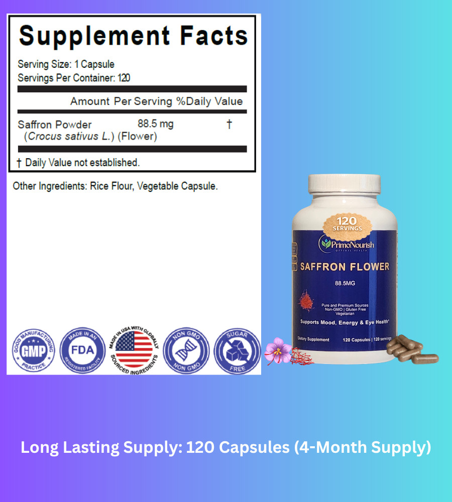 PrimoNourish Saffron Extract Supplement for Mood & Focus, 120 Capsules