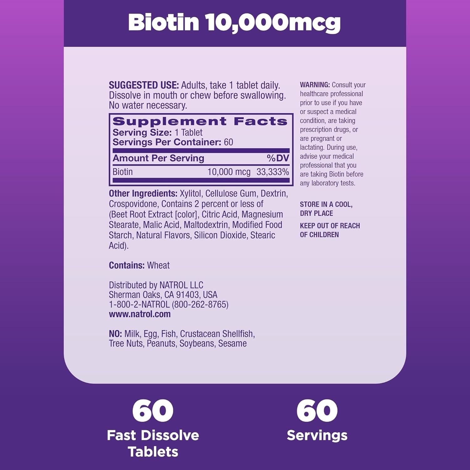Natrol Biotin 10000mcg, 4X Faster Dissolve Supplement for Healthy Hair, Skin