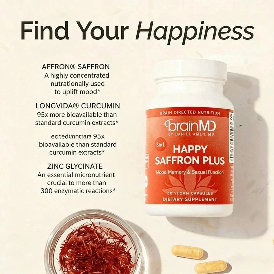 BrainMD Happy Saffron Plus – 3 Bottles – Mood & Memory Support – 90ct Each