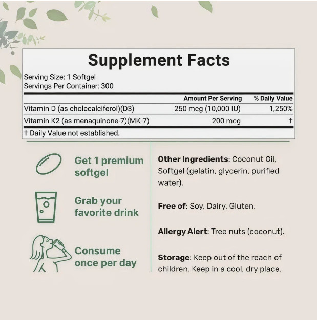 Vitamin D3 10000 iu Plus K2 (MK-7) 200 mcg, 300 Virgin Coconut Oil Softgels