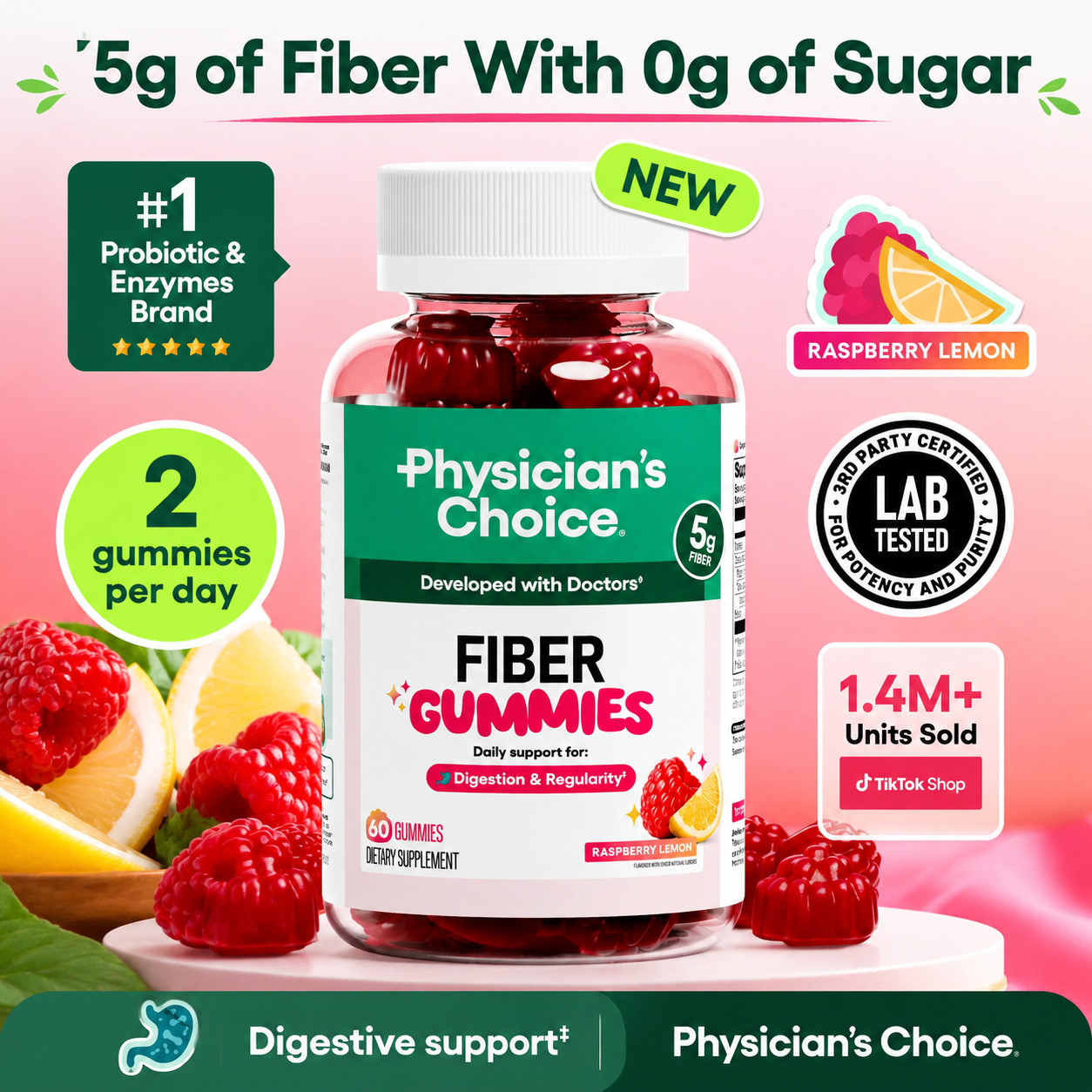 Physician’s Choice Prebiotic Fiber Gummies 5g Zero Sugar Vegan Gut Regularity