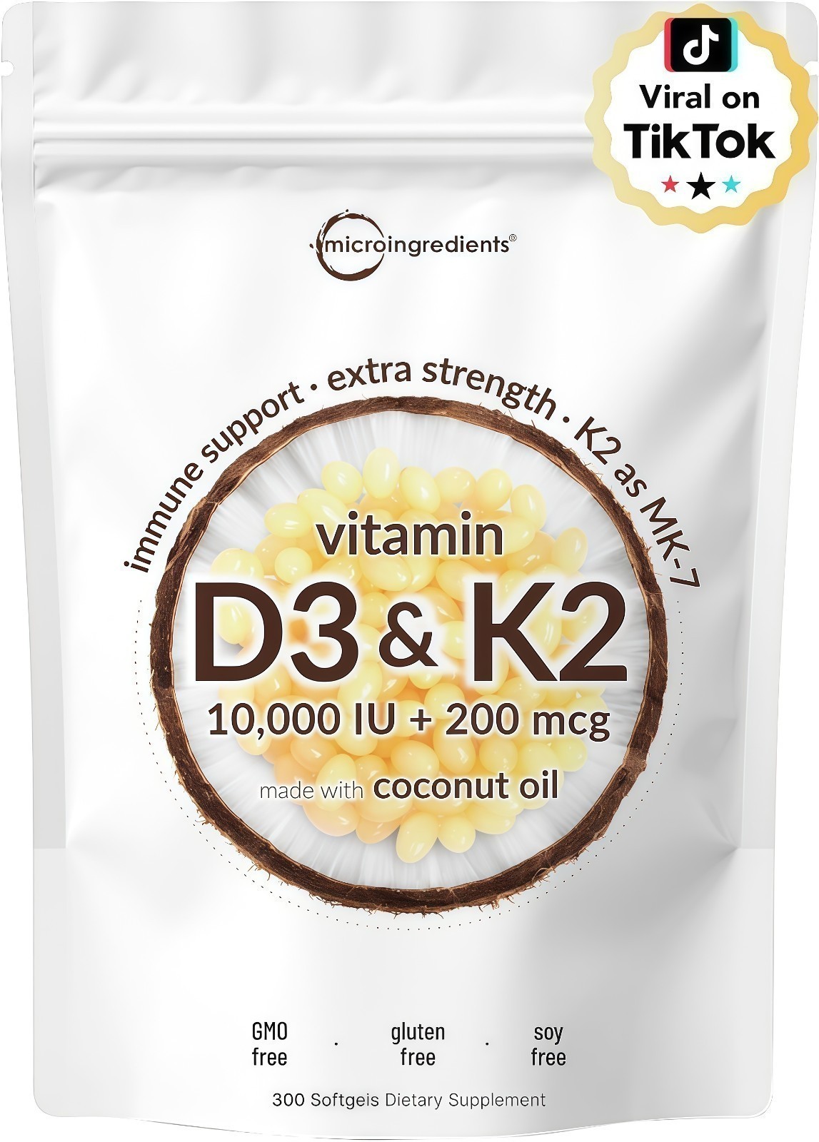 Vitamin D3 10000 iu Plus K2 (MK-7) 200 mcg, 300 Virgin Coconut Oil Softgels NEW