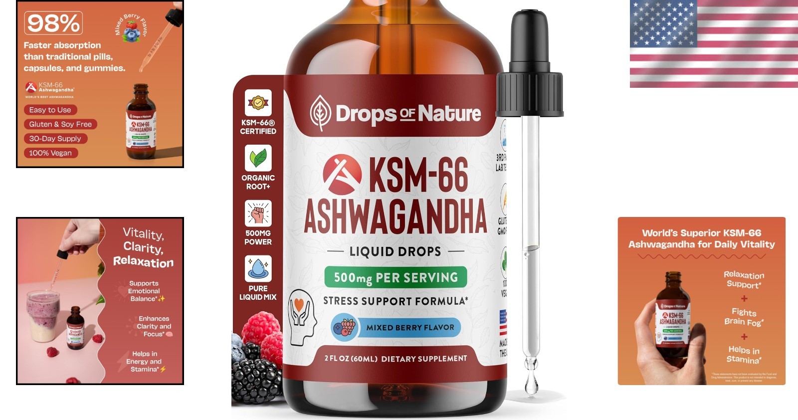 Mixed Berry KSM-66 Ashwagandha Drops – Boost Focus & Energy, Formula, 60ml