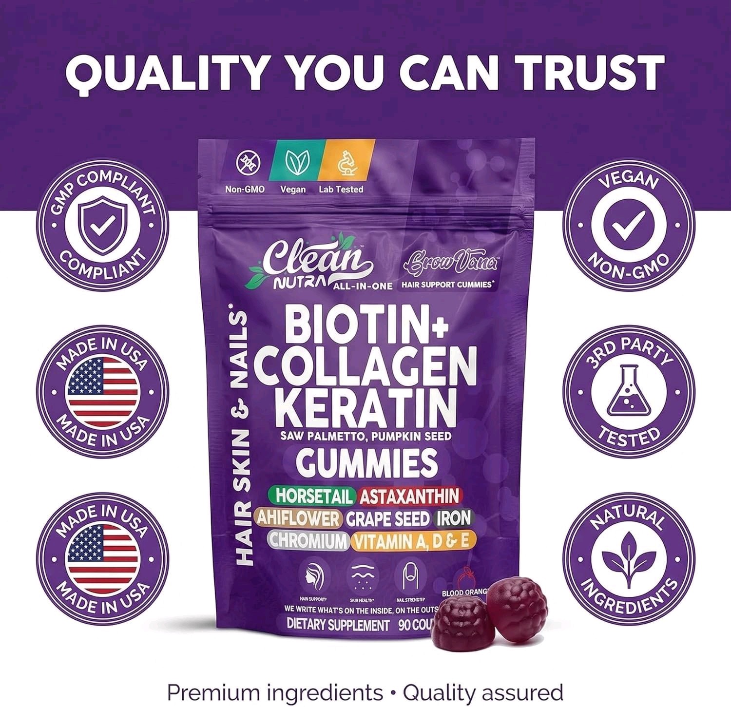 GrowVana Hair Growth Gummies Women Biotin Collagen Keratin Saw Palmetto 90ct