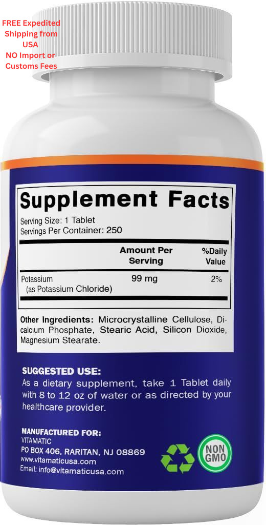 Vitamatic Potassium 99mg – 250 Tablets – 250 Count (Pack of 1)