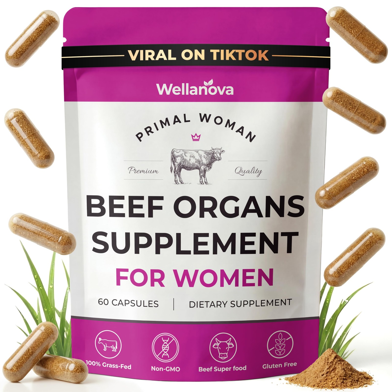 Primal Beef Organ Supplement for Women, Grass-Fed Ancestral Superfood 60 Pack