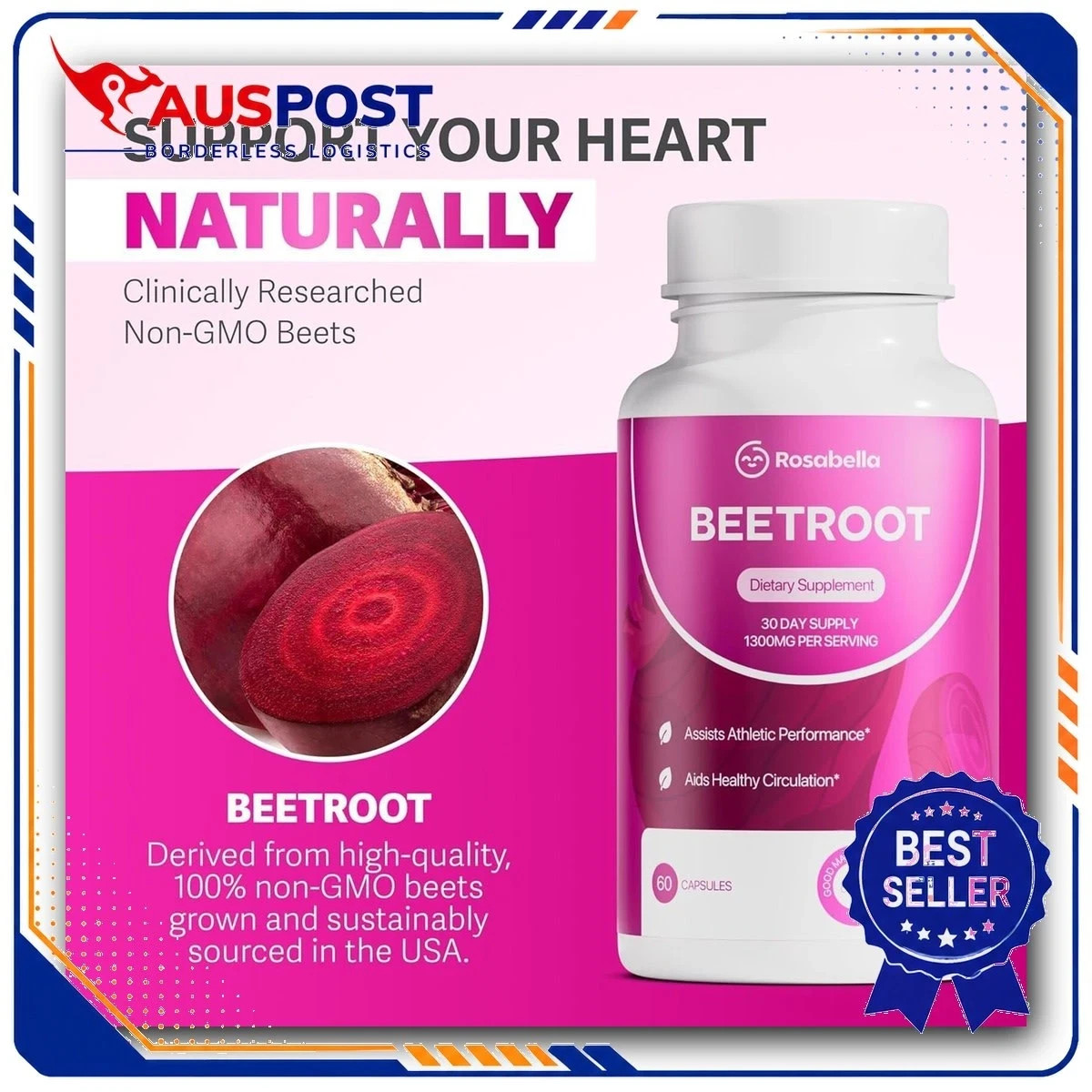 Rosabella Beet Root Powder Capsules 1300mg Supports Blood Pressure 3-Pack
