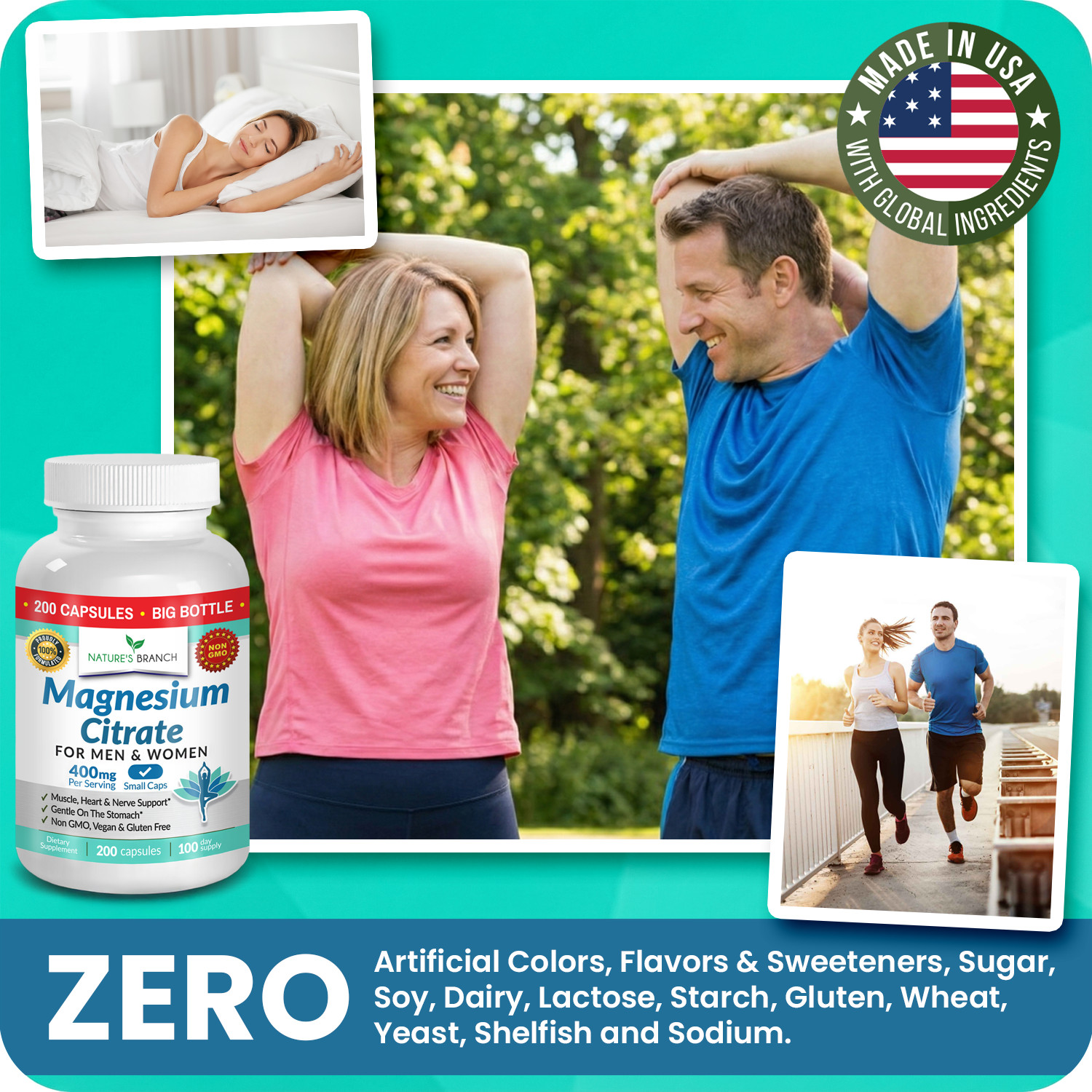 BEST MAGNESIUM CITRATE 400 MG – 200 CAPSULES – HIGH ABSORPTION PURE MADE IN USA