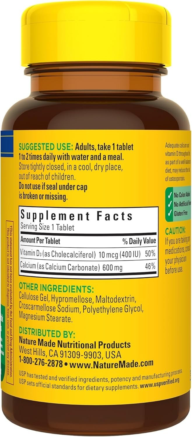 Daily Calcium 600 mg & Vitamin D3 for Strong Bones – 60 Easy-to-Swallow Tablets