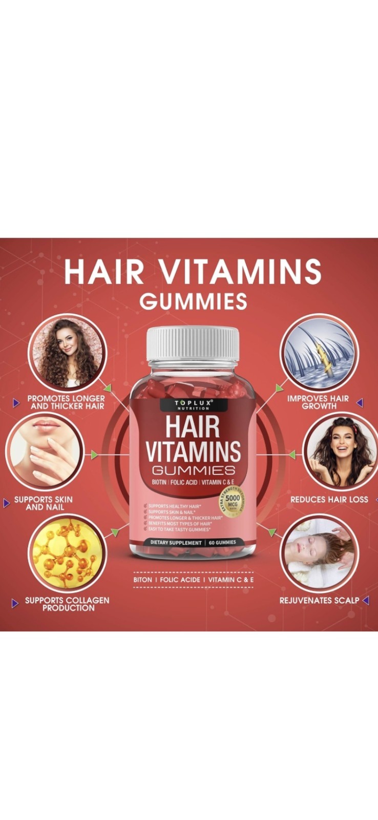 Hair Vitamin Gummies Supplement.Unisex,Hair Growth Vitamins-5000mcg Biotin-60Gum