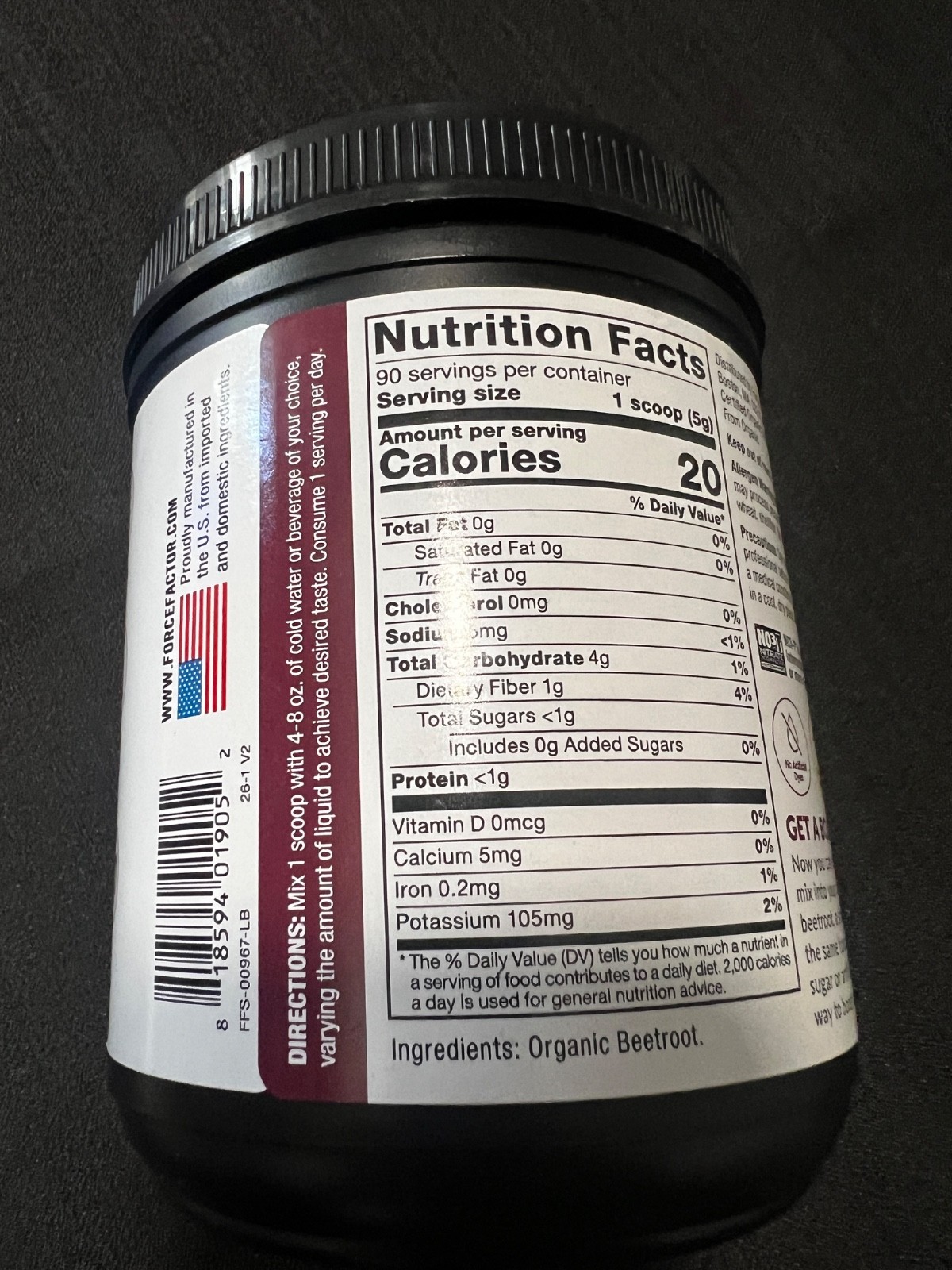Force Factor Total Beets Organic Beetroot Powder Superfood Non-GMO & Vegan