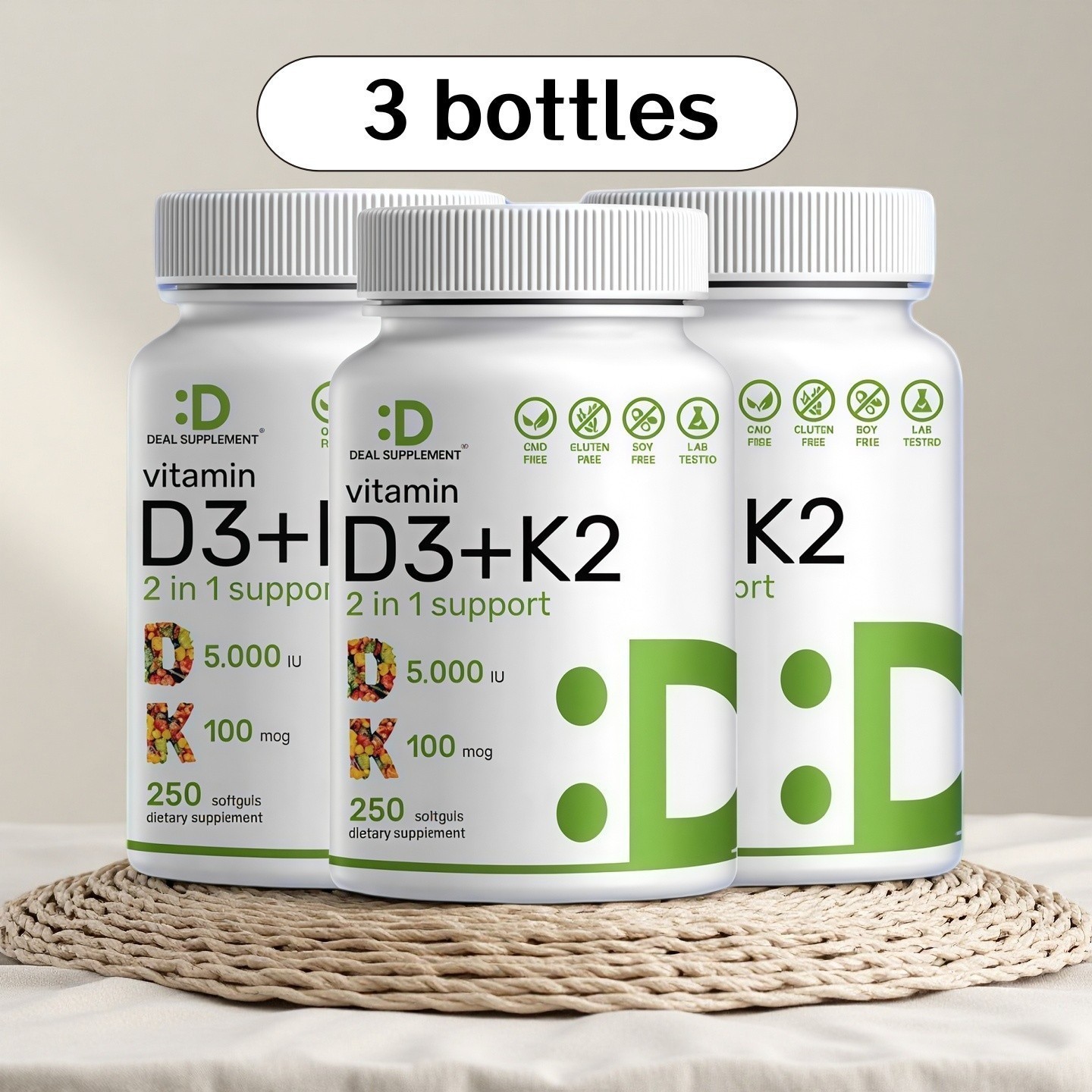 3 BOTTLES DEAL SUPPLEMENT Vitamin D3 K2 5000IU Softgel, 2-1 Complex, 250 Count