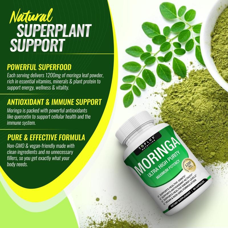 3PCS Moringa Capsules 1200mg Pure Moringa Powder Immune Gut Support 90 Count