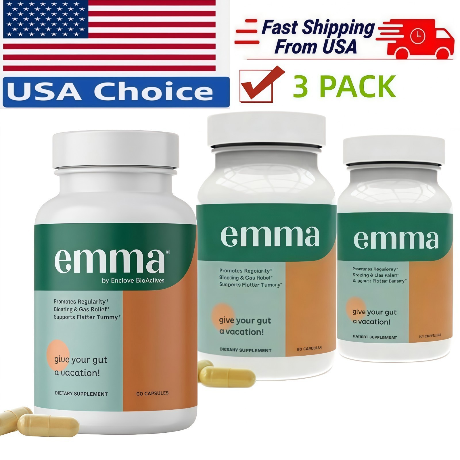1-3Pack Emma Gut Health Supplement 180 Capsules for Bloating Relief & Leaky Gut