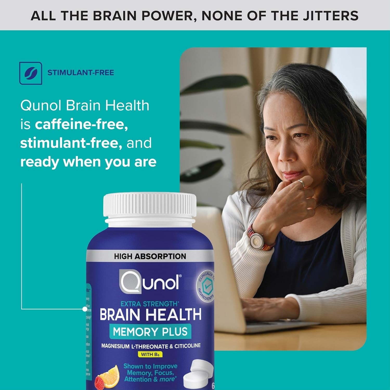 Qunol Brain Health Memory Plus Chewable Tablet with B6, Magnesium LThreonate …