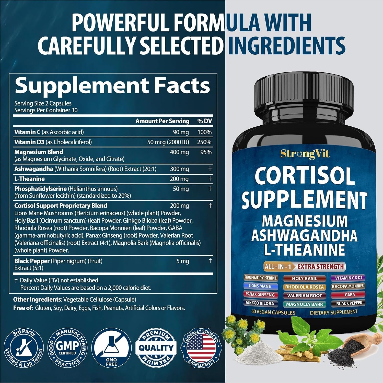 Comprehensive 16-in-1 Cortisol Support Formula for Sleep & Relaxation, 60 Caps