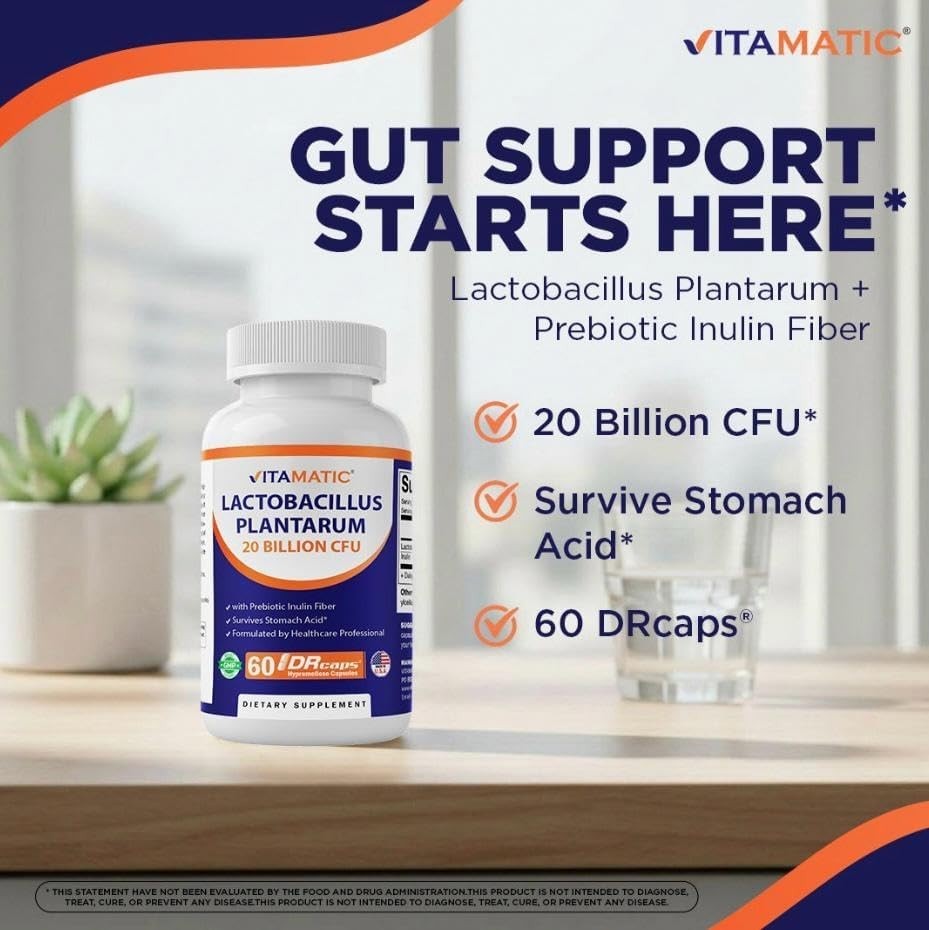 60 Count Lactobacillus Plantarum Capsules with Prebiotic Inulin for Gut Wellness