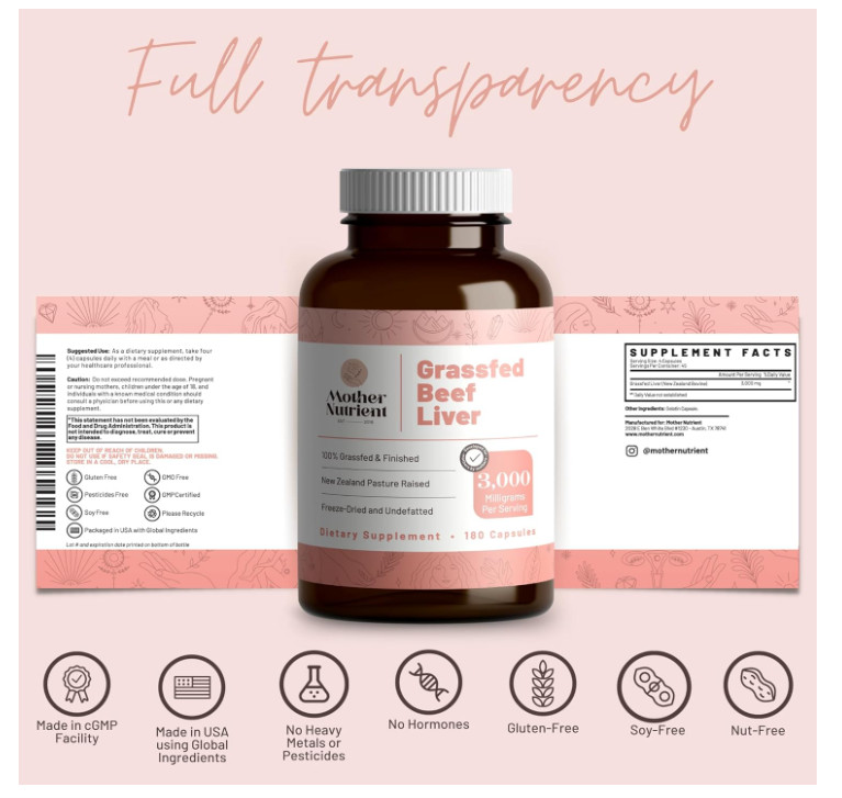 Mother Nutrient Beef Liver Capsules Grass Fed 180Ct Vitamin A B12 Iron NZ