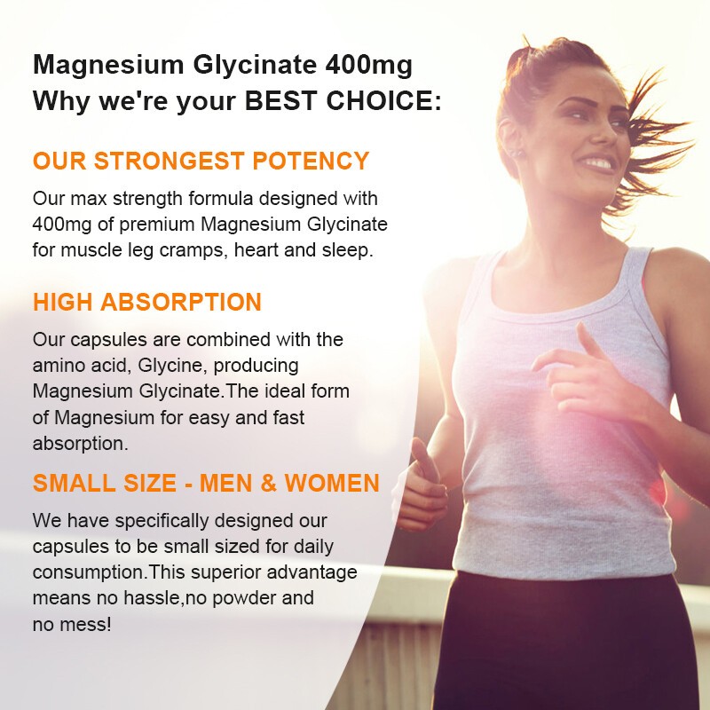 Magnesium 400mg Glycinate – 120 Capsules For Sleep, Stress Relief Support Bone