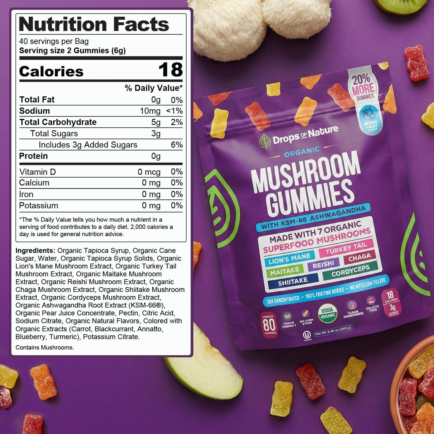 Drops of Nature Mushroom Gummies – Ashwagandha, Lion’s Mane – 80ct
