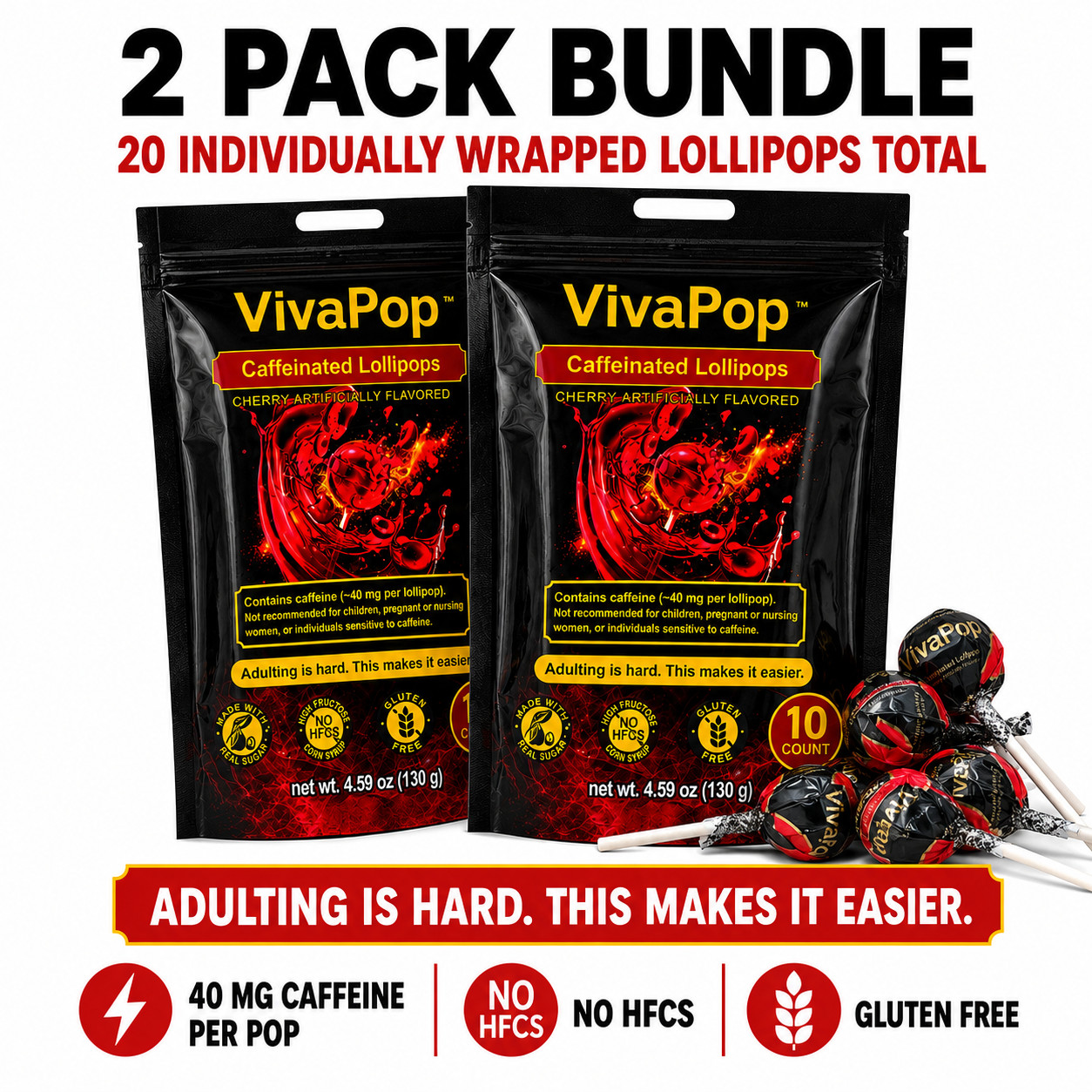 VivaPop Caffeinated Lollipops 40mg Caffeine 100mg L-Theanine 10 Count Energy