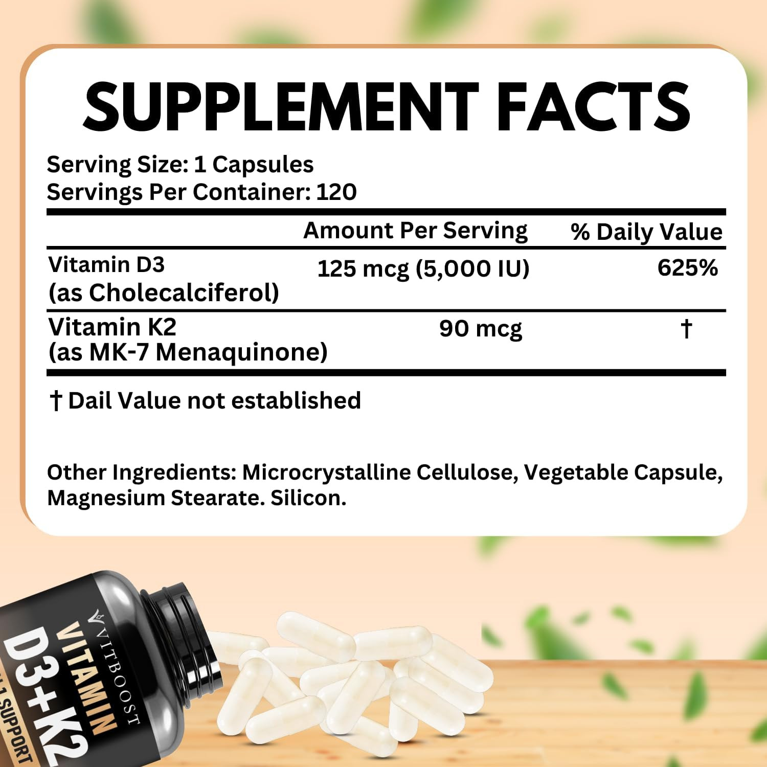 Vitamin D3 K2 Complex – Easy to Swallow – Vitamin D (D3) 5000 IU (125 Mcg) & K2(