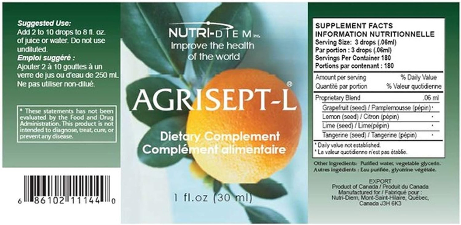 Nutri-Diem Agrisept – L Antioxidant 30Ml (1 Oz) 3 Bottles