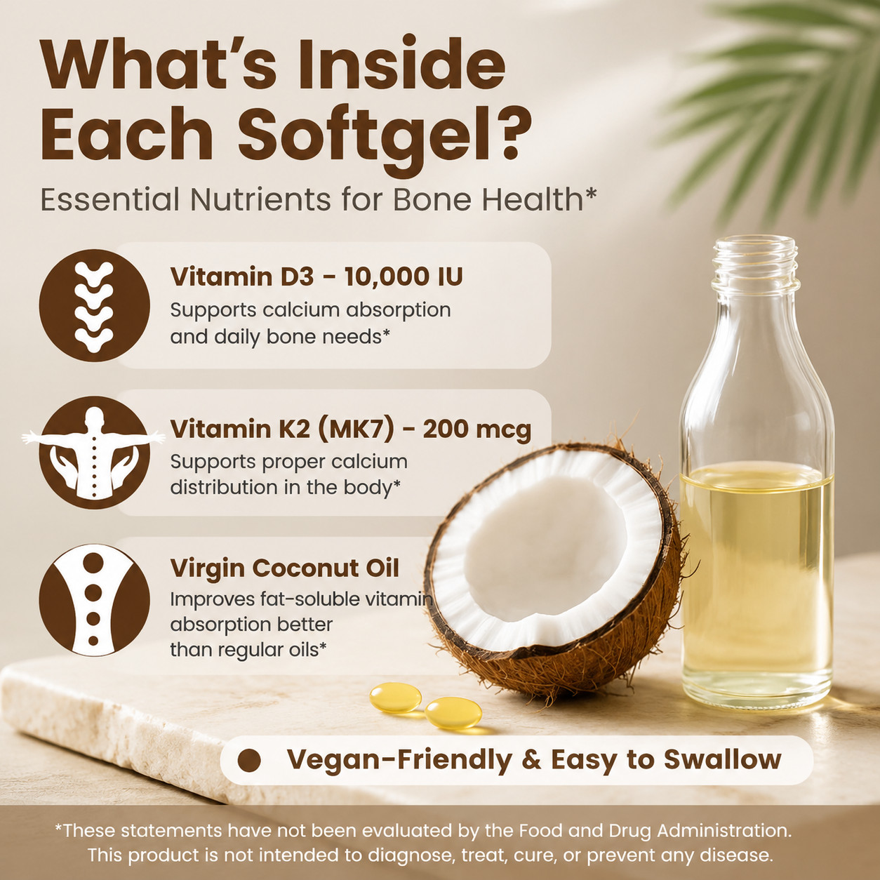 VEV Vitamin D3 10000IU K2 MK7 200mcg Coconut Oil Bone Immune Support 300 Count