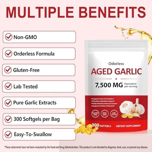 Odorless Garlic 7500Mg per Servings, 300 Softgels | 2 Years Aged Garlic Extra…