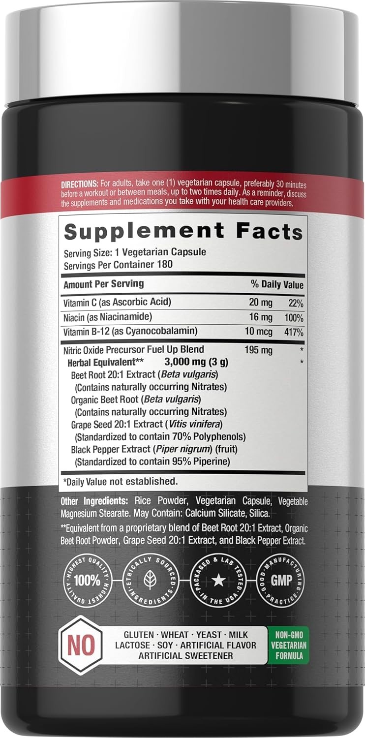 Nitric Oxide Beet Root Capsules | With Nitrates | 180 Count | by Horbaach