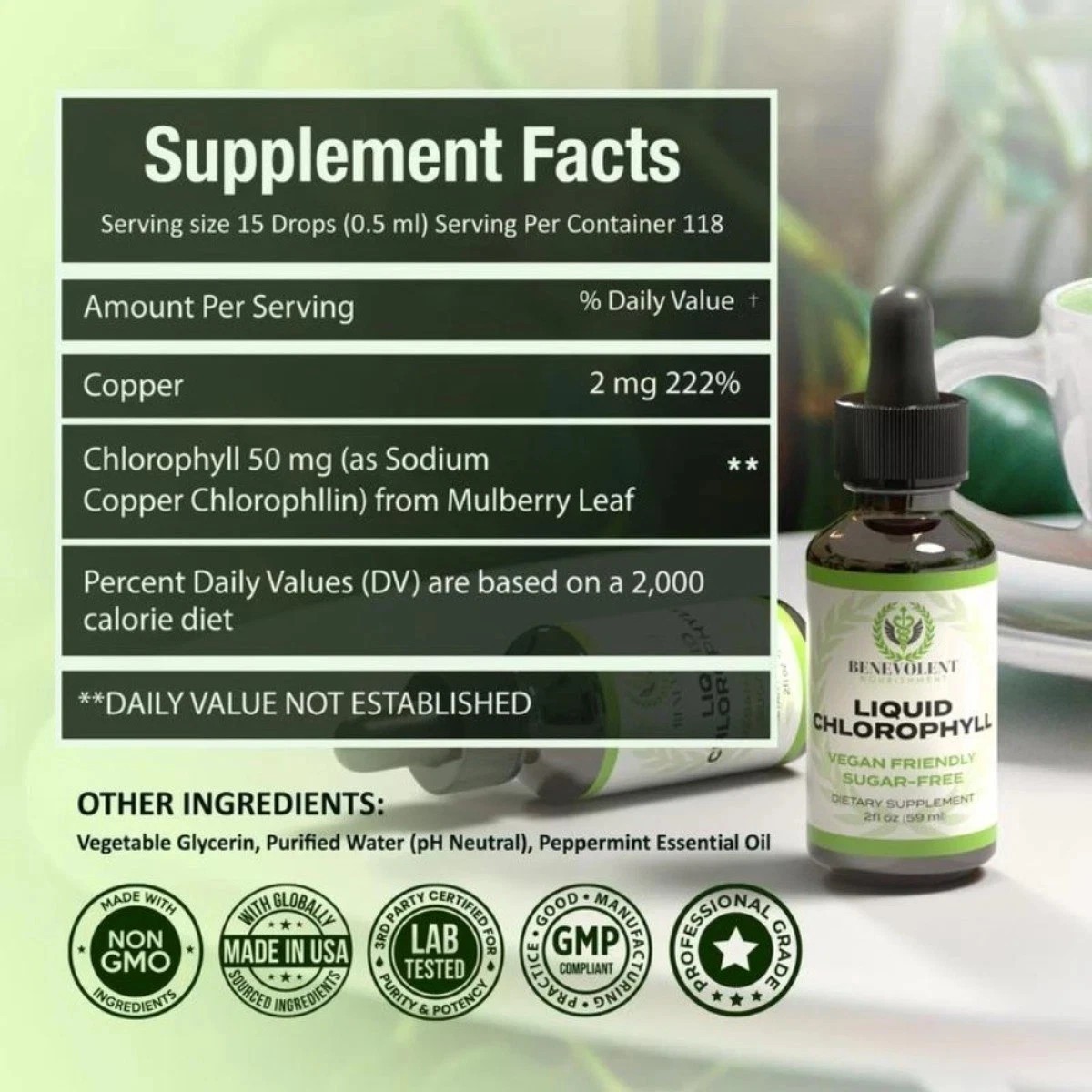 Benevolent Liquid Chlorophyll Drops 4 Month Supply Alcohol Free Detox