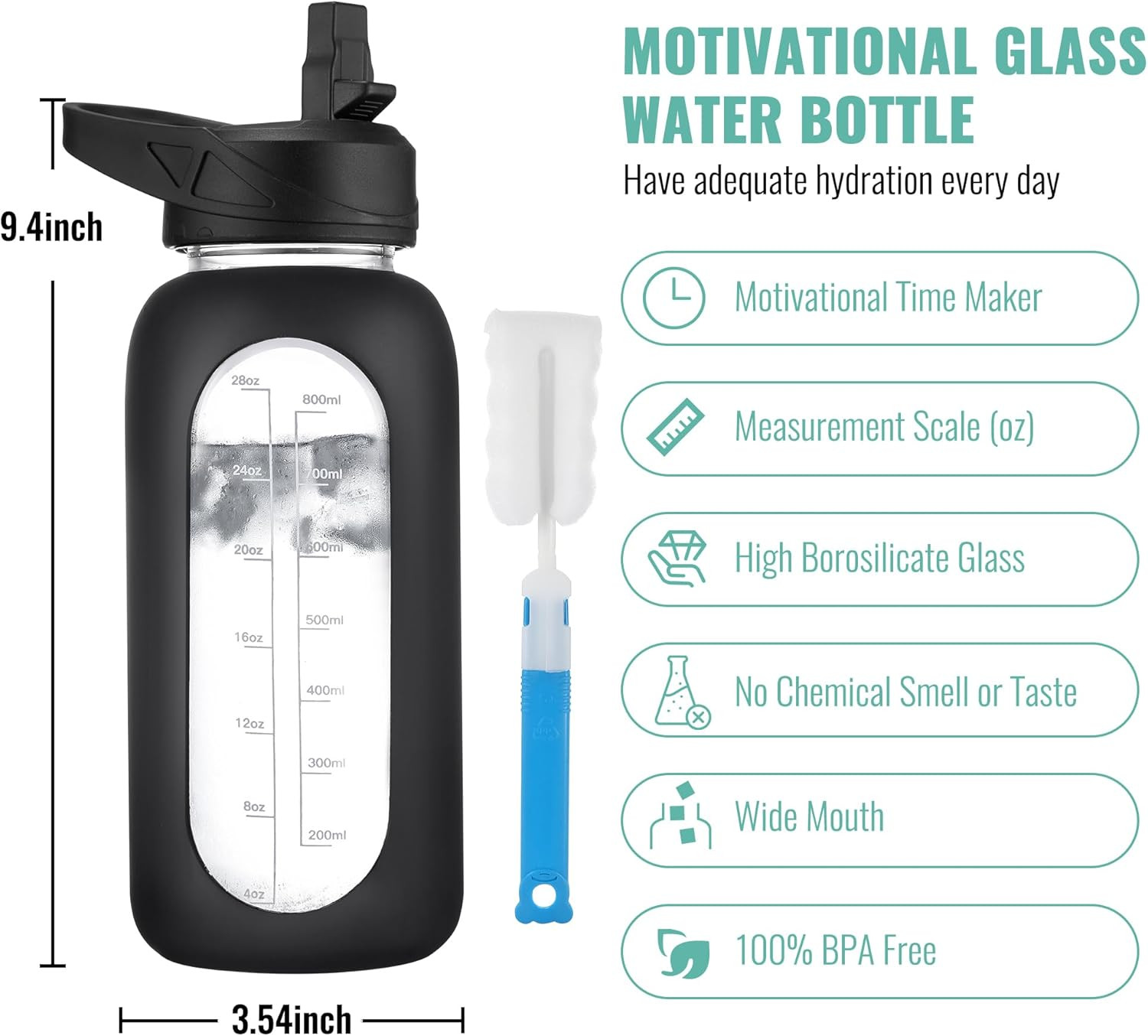 CIVAGO 32 Oz Glass Water Bottle with Straw and Handle, Large Sports Motivational