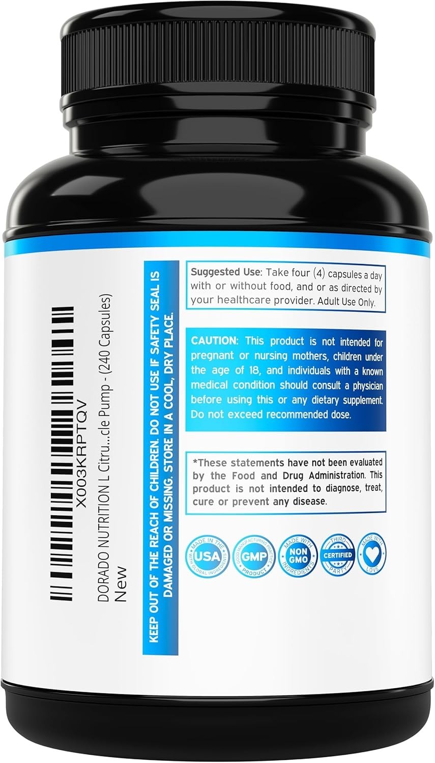 L-Citrulline 3000mg 240 Capsules GMP Certified & Non-GMO Free Form Amino