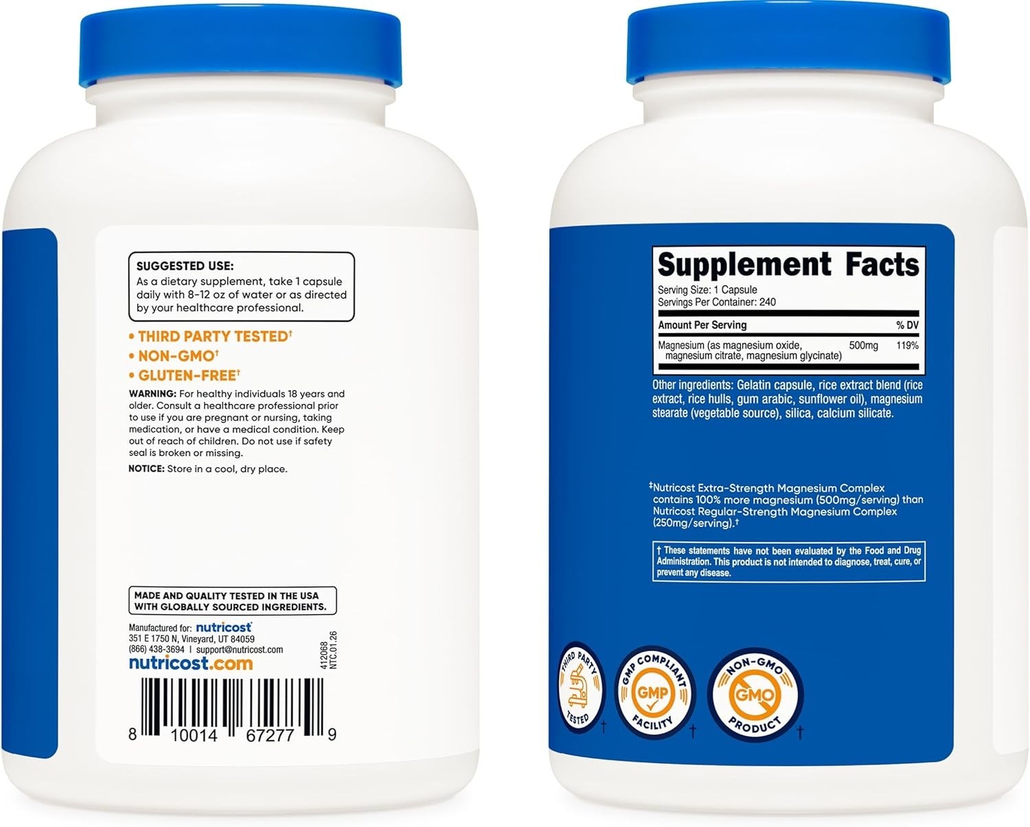 Nutricost Magnesium Complex 500mg 240 Caps Oxide Citrate Glycinate Non GMO USA