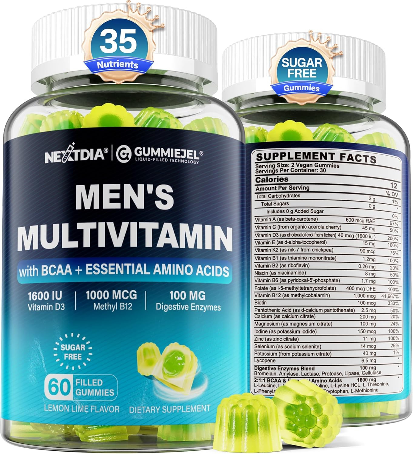 Methylated Multivitamin for Men Gummies, BCAA Amino Acids, Zinc, Daily Vitamin a