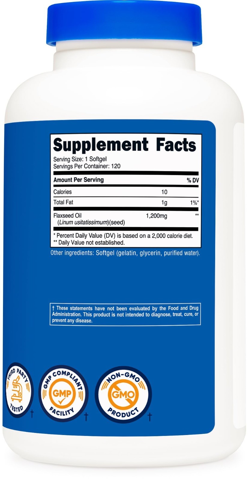 Flaxseed Oil 1200mg Softgels – Non-GMO, Gluten-Free, Omega-3 Rich, 120 Count